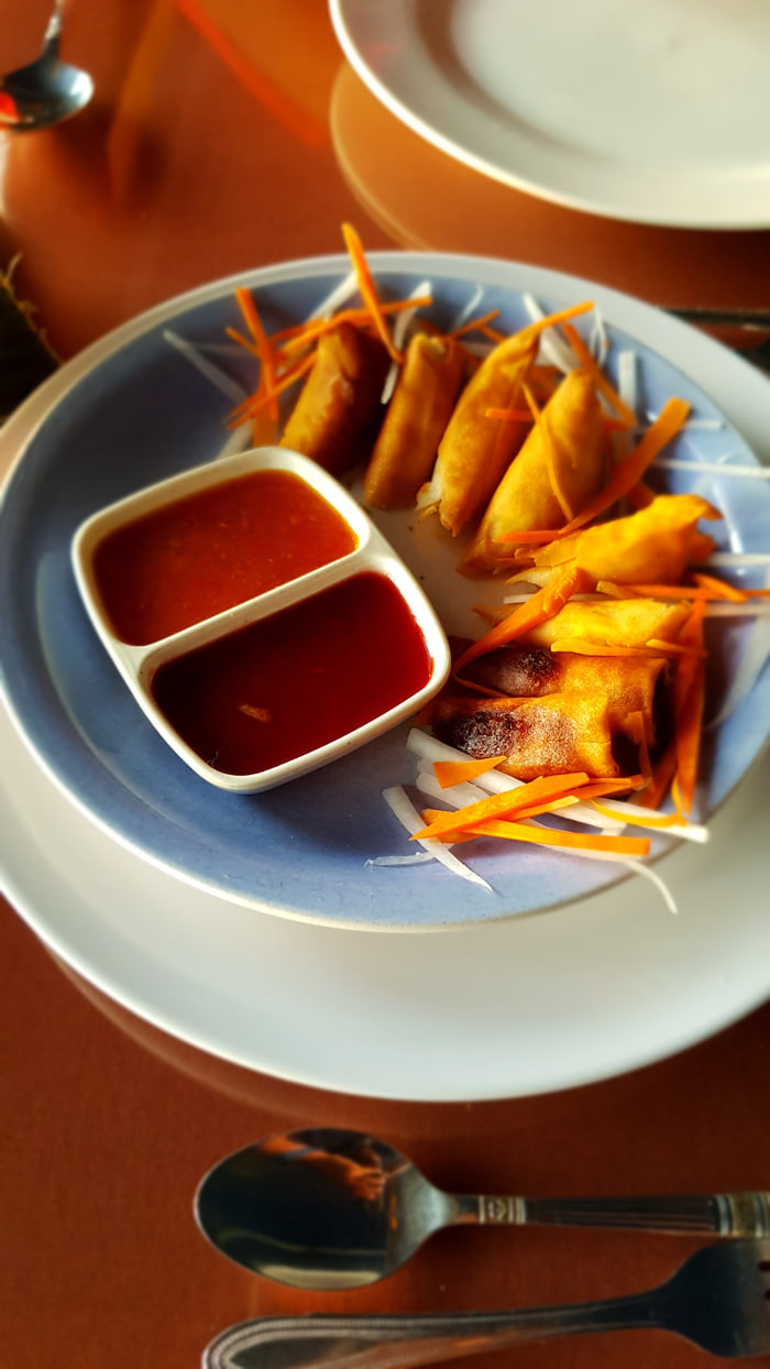 Spring rolls and samosas on a plate with two dipping sauces and shredded carrot.